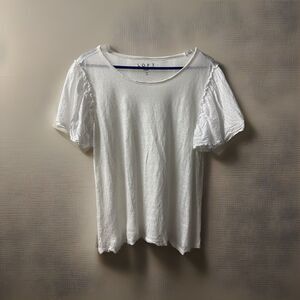 Loft Top Womens Medium White Short Sleeved Linen Blouse Capule Classic Preppy